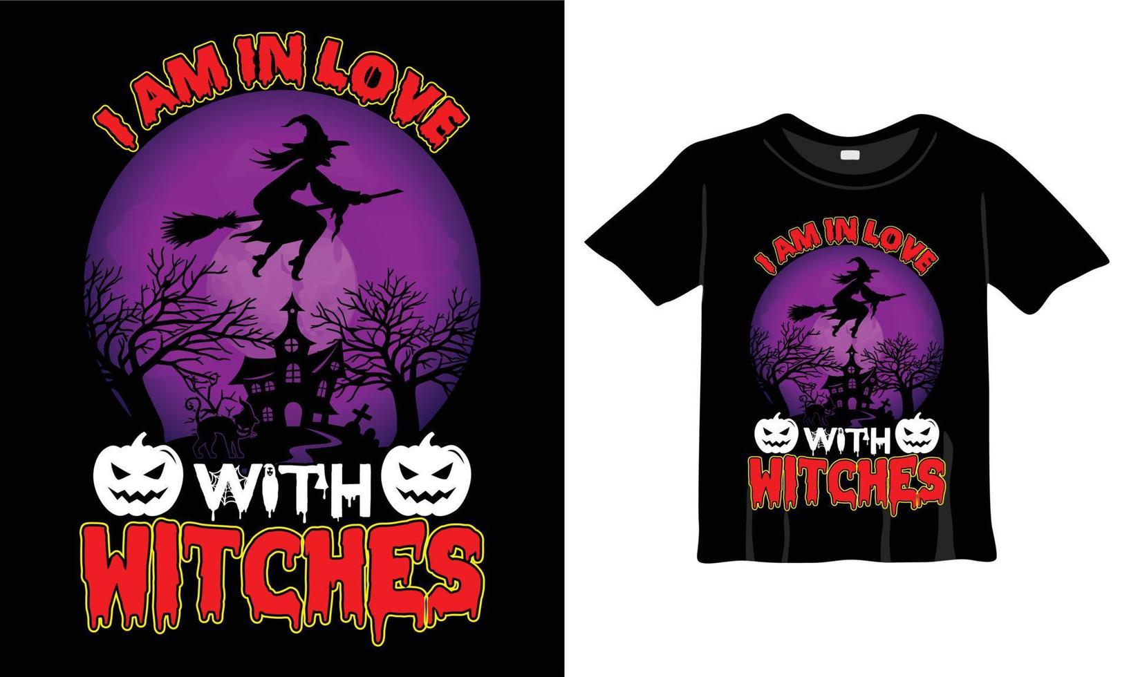 Ich bin in Hexen-T-Shirt-Design-Vorlage verliebt. Halloween-T-Shirt mit Nacht, Mond, Hexe. Nachthintergrund-T-Shirt für den Druck. vektor