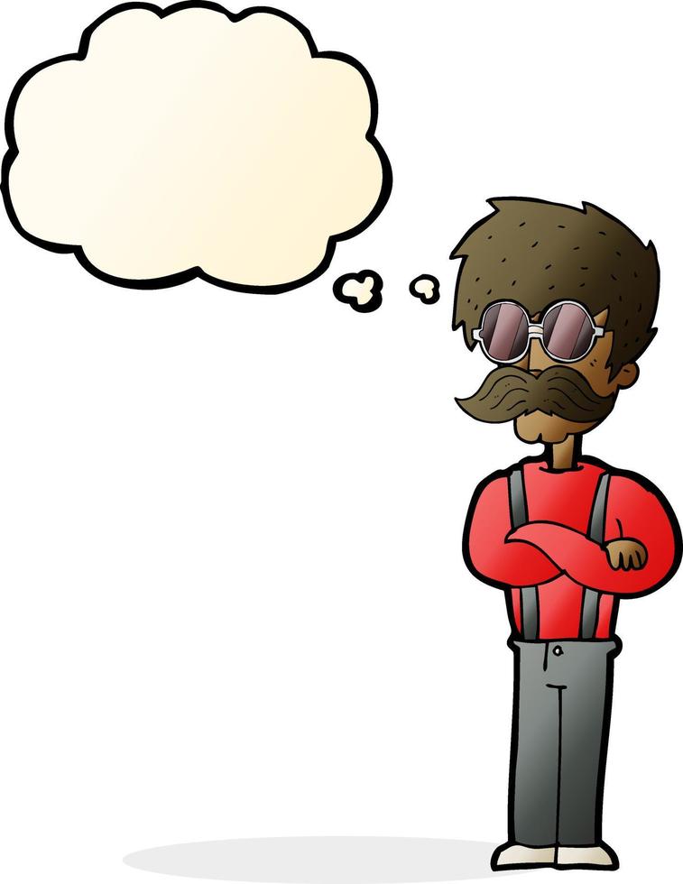 tecknad serie hipster man med mustasch och glasögon med trodde bubbla vektor