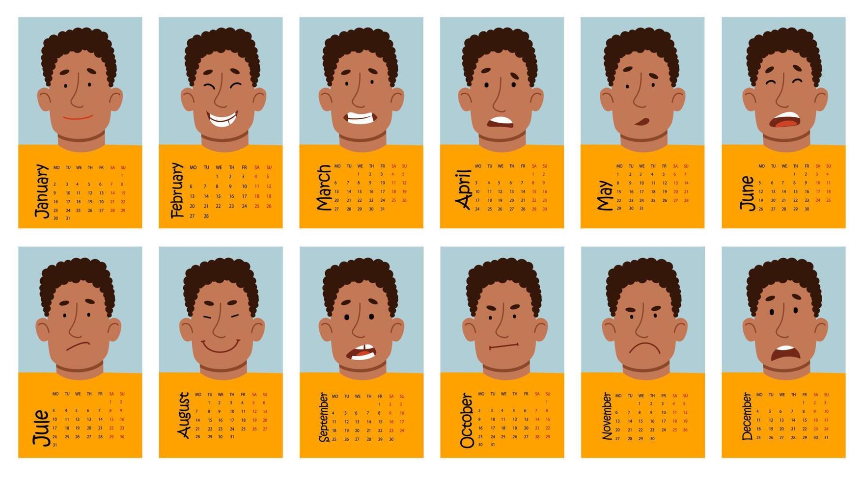 kalender für 2023 mit lustigen emotionen eines männlichen afroamerikanischen charakters. Vektorillustration eines flachen Designs. vektor