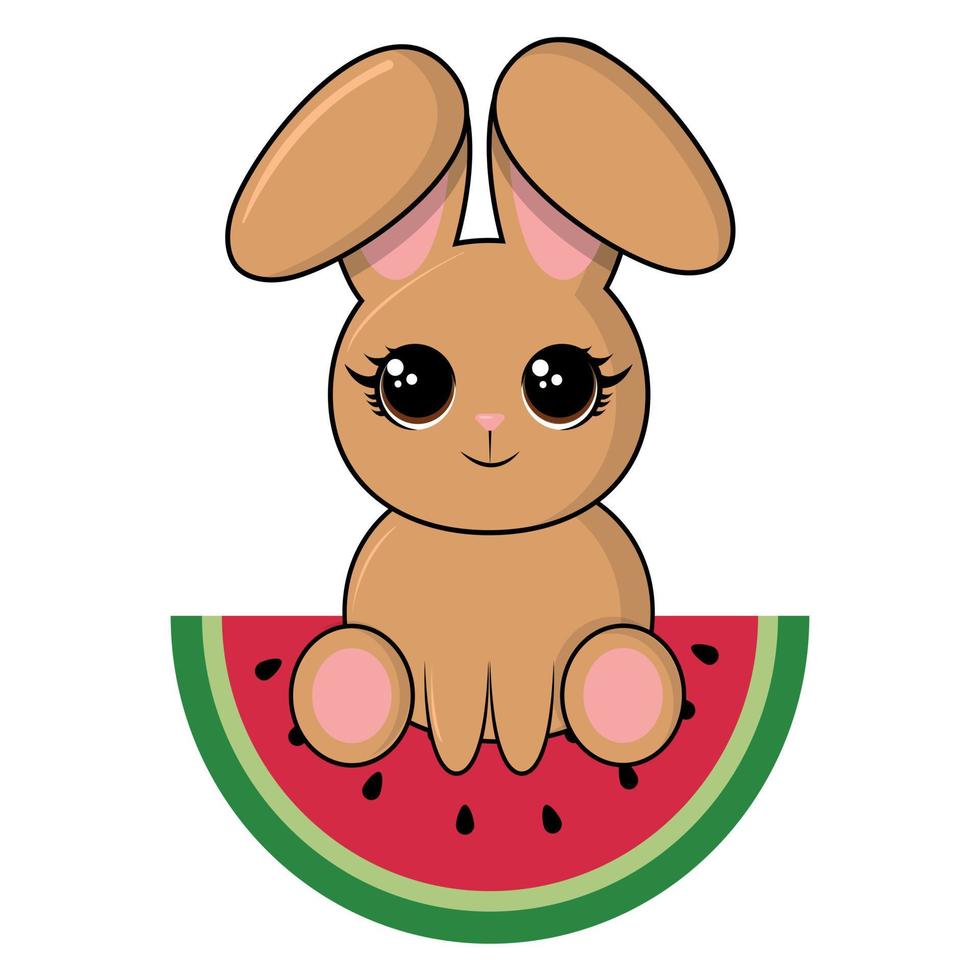 söt kanin äter färsk vattenmelon tecknad serie illustration vektor