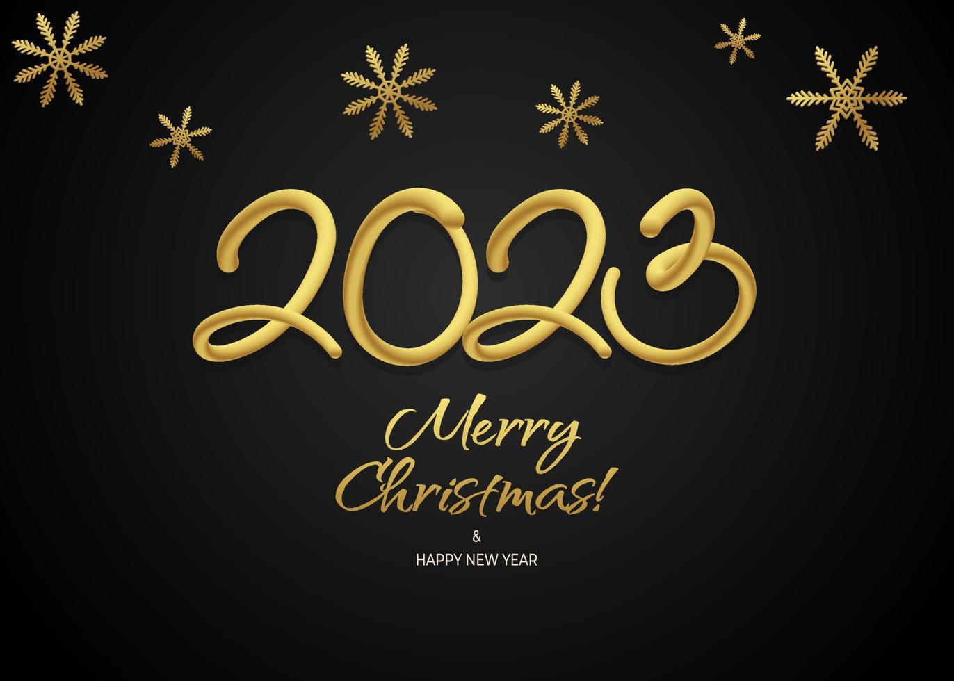 frohes neues jahr 3d 2023 grußtapetenvektorvorlage. Designgrußtext der frohen Weihnachten mit Weihnachtsdekorelementen wie Schneeflocken auf einem schwarzen Hintergrund mit Luxusgold. vektor