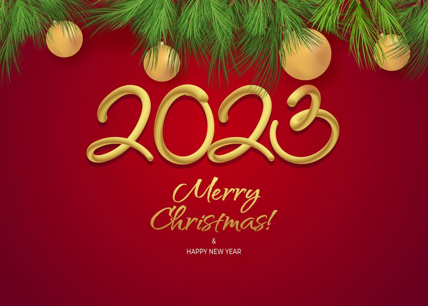 Lycklig ny år 3d 2023 hälsning tapet vektor mall. glad jul design hälsning text med jul dekor element sådan som en gran träd gren med bollar på en röd bakgrund med lyx guld.