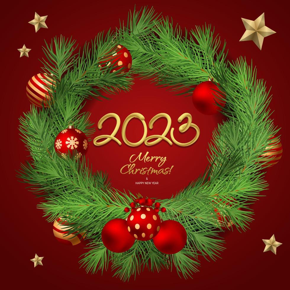 2023 3d realistisk jul krans av runda form tillverkad av realistisk ser tall grenar och dekorerad med bär, gyllene bollar, stjärnor. glad jul och Lycklig ny år. vektor