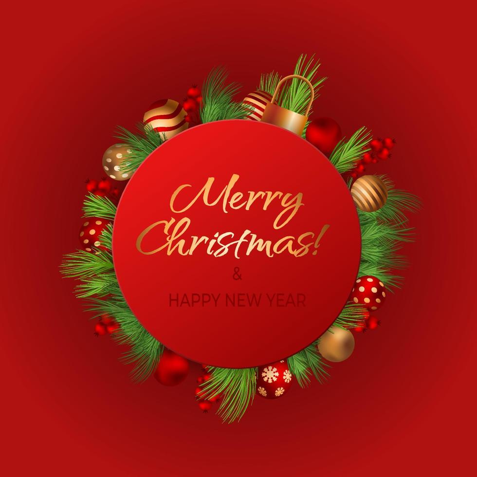 Lycklig ny år 2023 hälsning vektor mallar. glad jul design hälsning text med färgrik jul dekor element sådan som en boll, gran träd gren, bär på en röd bakgrund med lyx guld.