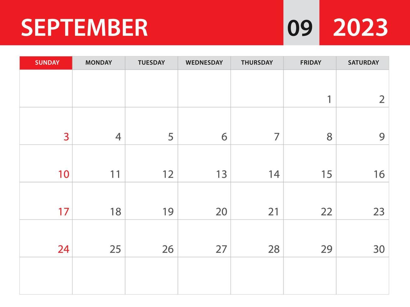 september 2023 vorlage - kalender 2023 vorlagenvektor, planer monatliches design, tischkalender 2023, wandkalenderdesign, minimaler stil, werbung, plakat, druckmedien, horizontales layout vektor