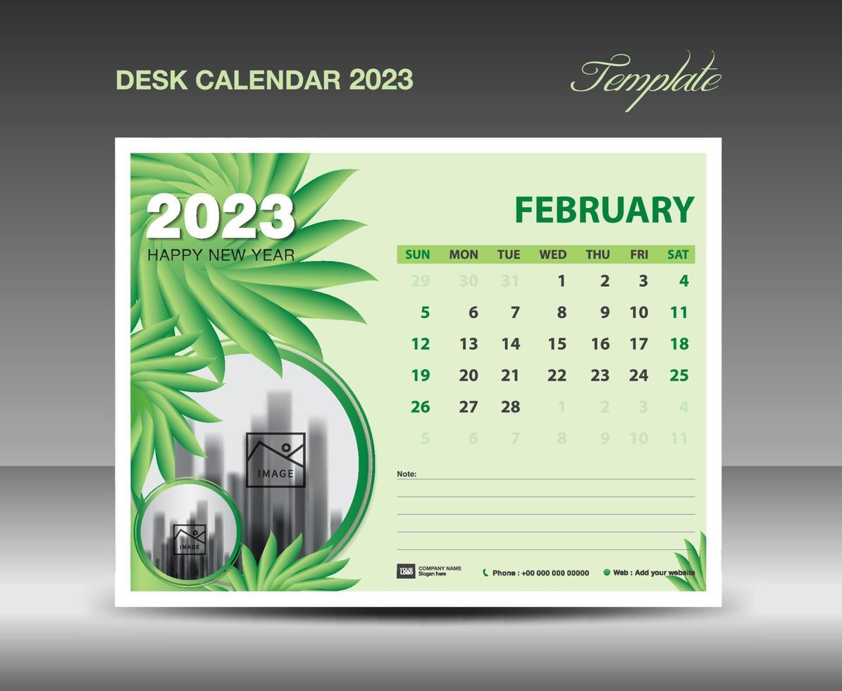 Kalender 2023 Design - Februar 2023 Vorlage, Tischkalender 2023 Vorlage grüne Blumen Naturkonzept, Planer, Wandkalender kreative Idee, Werbung, Druckvorlage, Vektor eps10