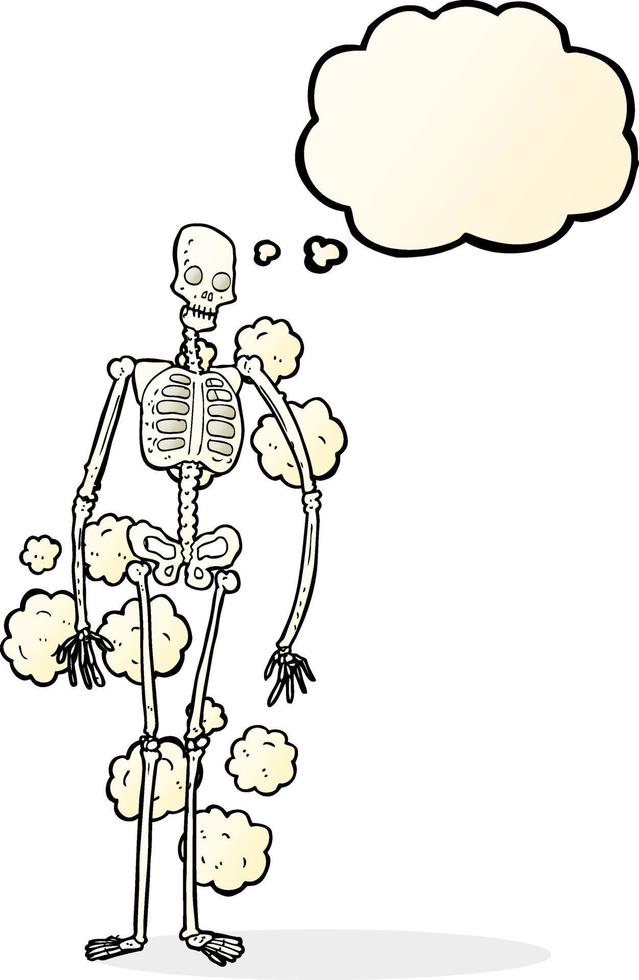 staubiges altes skelett der karikatur mit gedankenblase vektor
