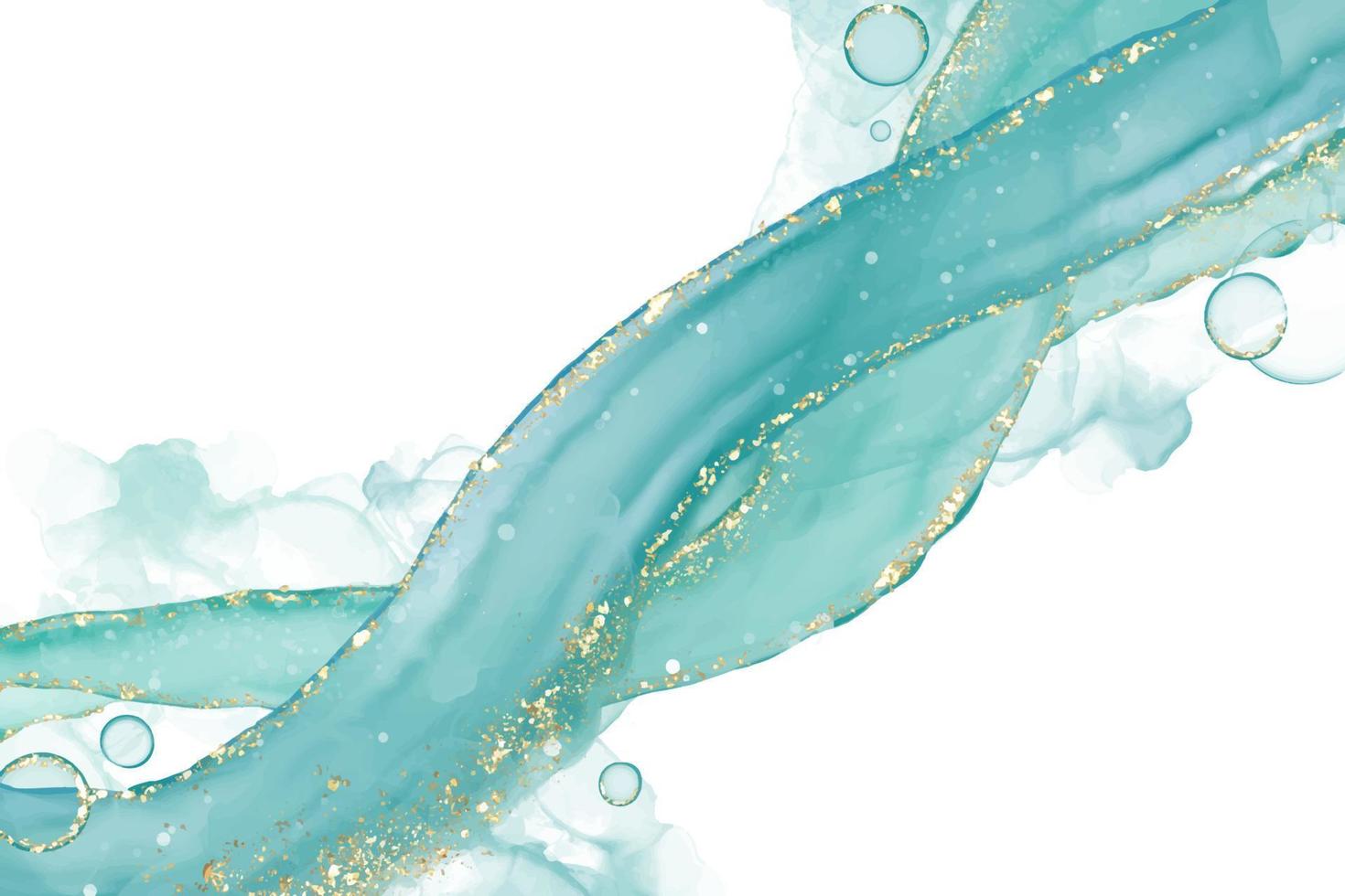 pastell-cyan-mint-flüssiger marmor-aquarellhintergrund mit goldenen linien und pinselflecken. aquamariner türkis marmorierter alkoholtintenzeichnungseffekt. vektorillustrationshintergrund, aquarellhochzeitseinladung. vektor