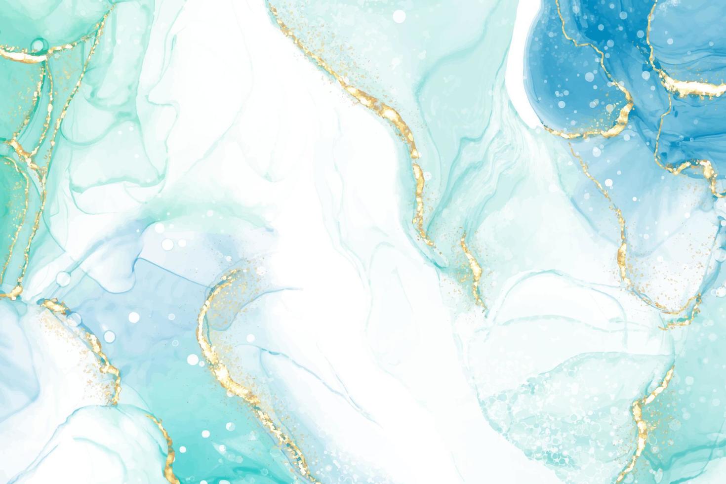 pastell-cyan-mint-flüssiger marmor-aquarellhintergrund mit goldenen linien und pinselflecken. aquamariner türkis marmorierter alkoholtintenzeichnungseffekt. vektorillustrationshintergrund, aquarellhochzeitseinladung. vektor