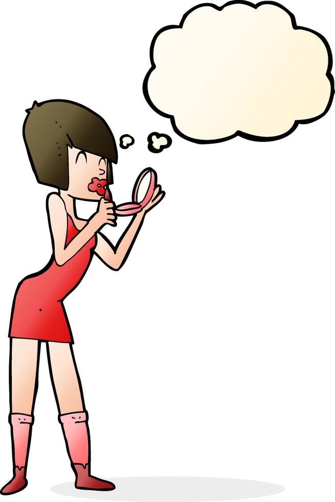 tecknad serie kvinna applicering läppstift med trodde bubbla vektor