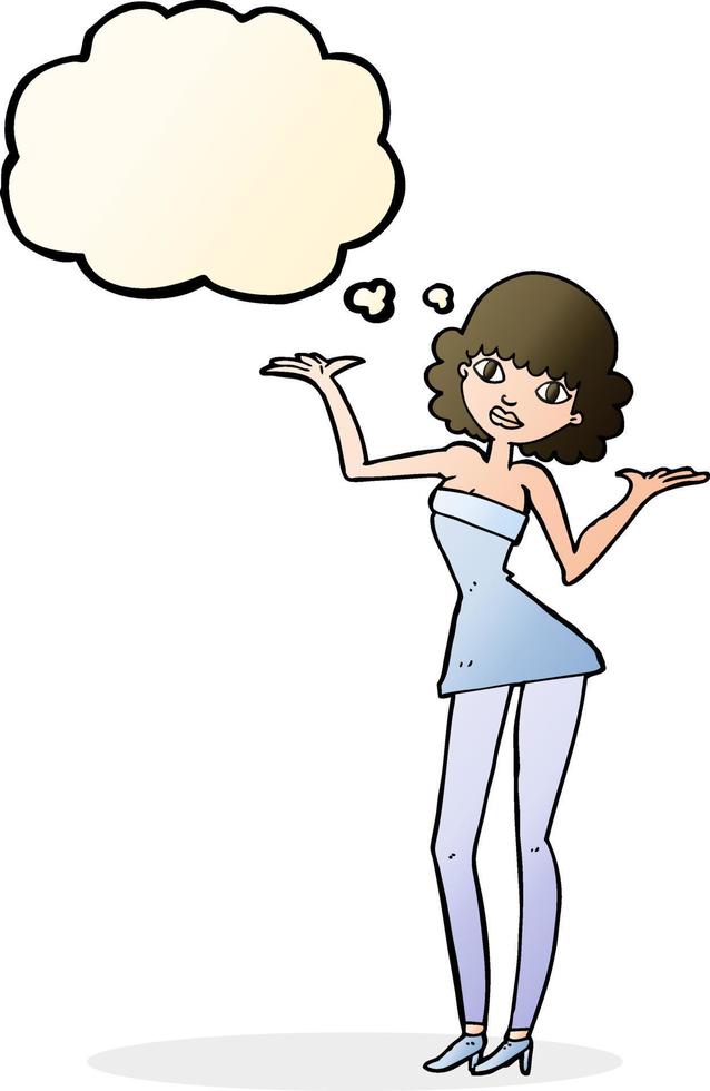 Cartoon-Frau im Cocktailkleid mit Gedankenblase vektor
