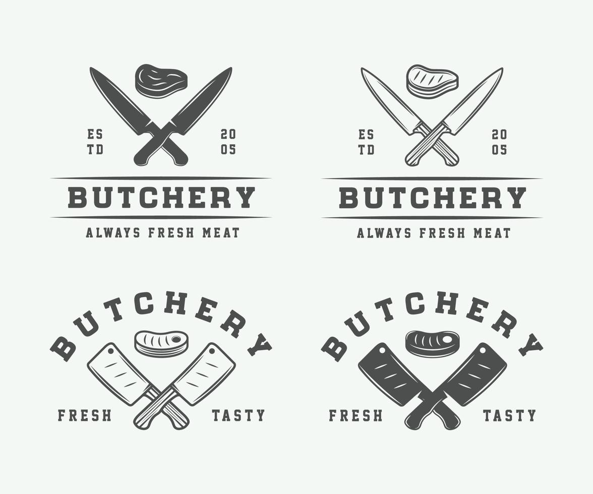 uppsättning av årgång butchery kött, biff eller bbq logotyper, emblem, märken, etiketter. grafisk konst. vektor illustration.