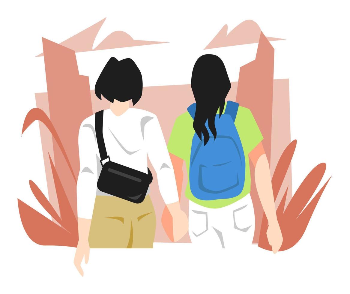 illustration av två bäst vänner innehav händer. promenad. tillbaka se. gräs bakgrund, byggnader, moln. begrepp av bäst vän, vän, relation, etc. platt vektor