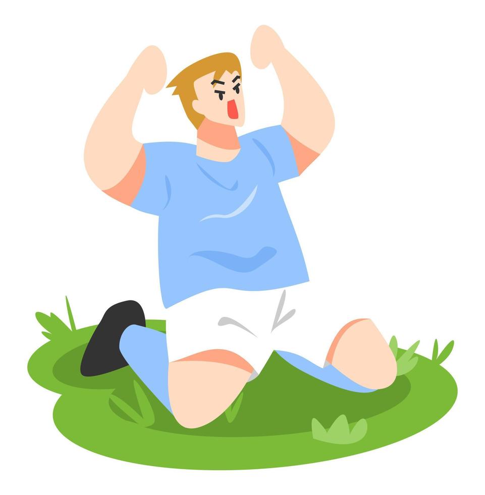 illustration av fotboll spelare fira en mål på grön gräs. Lycklig uttryck, skrek. sport, fotboll, aktivitet begrepp och teman. platt vektor stil