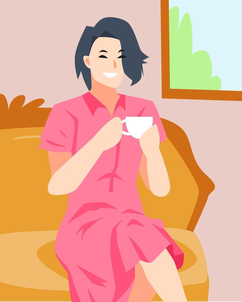 illustration av en kvinna Sammanträde innehav en kopp. dricka te, kaffe, varm drycker. koppla av, resten, njut av begrepp. platt vektor