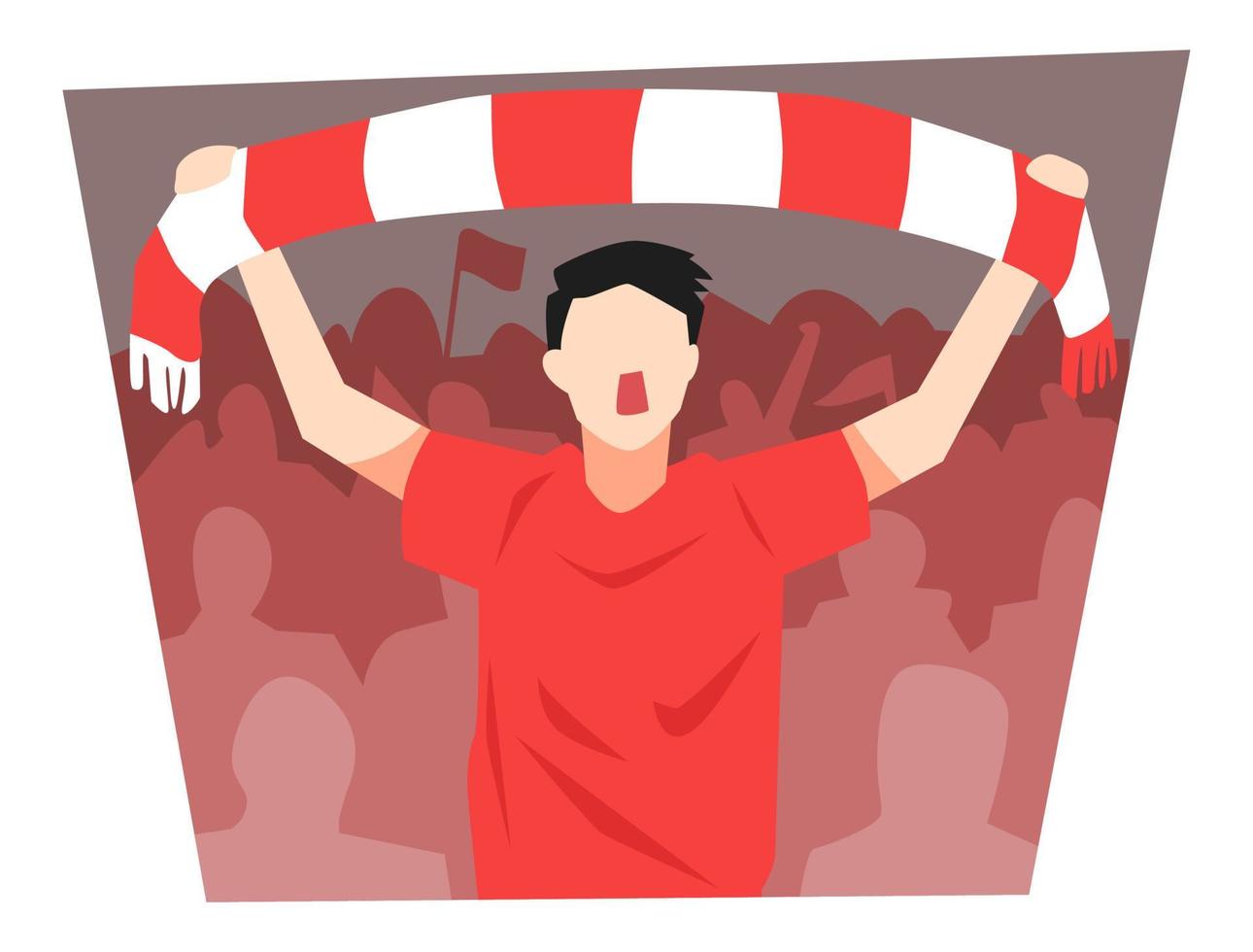 illustration av passionerad manlig fotboll fans. anhängare, folkmassan bakgrund, fotboll stadion. scarf. begrepp av sporter, underhållning, publik. platt vektor