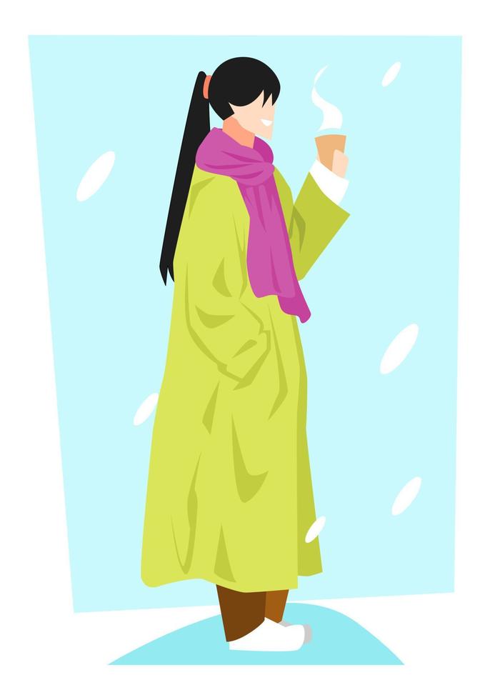 Illustration einer Frau im Wintermantel und Schal mit Kaffee. Schnee und blauer Hintergrund. Winterkonzept, Wärme, Entspannung, flacher Vektor