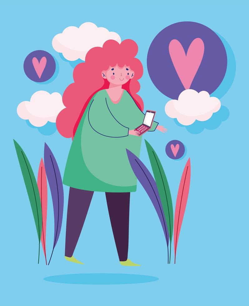 junge Frau mit Smartphone-Liebesblasen im Freien vektor