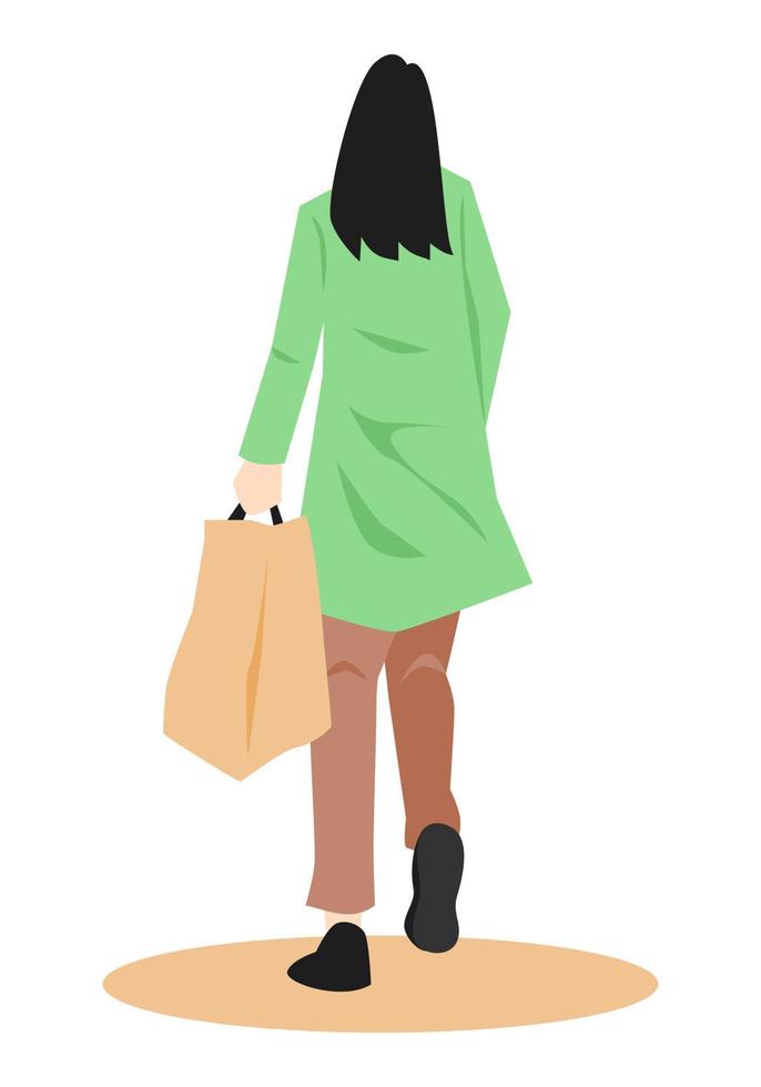 tillbaka se illustration av kvinna bärande handla påsar. begrepp av handla, marknadsföra, mataffär, etc. platt vektor