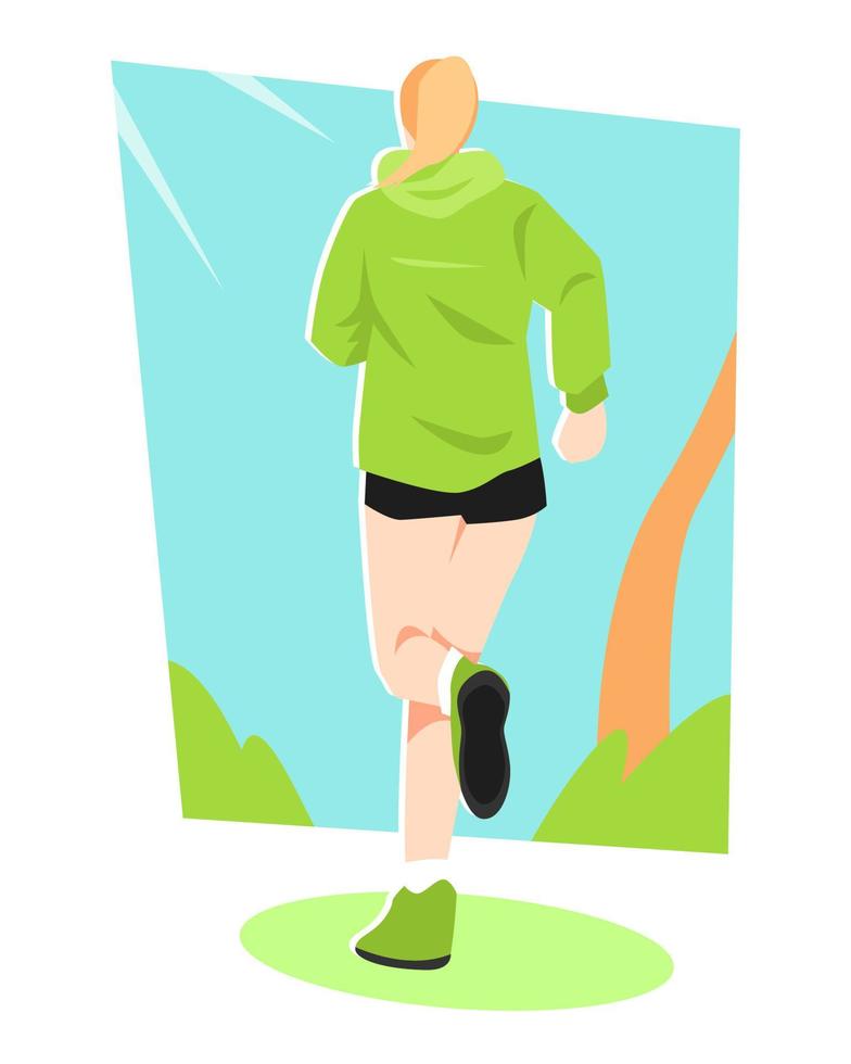 tillbaka se kvinna joggning. natur bakgrund, träd, gräs. lämplig för de tema av sporter, träning, uthållighet, hälsa, etc. platt vektor illustration