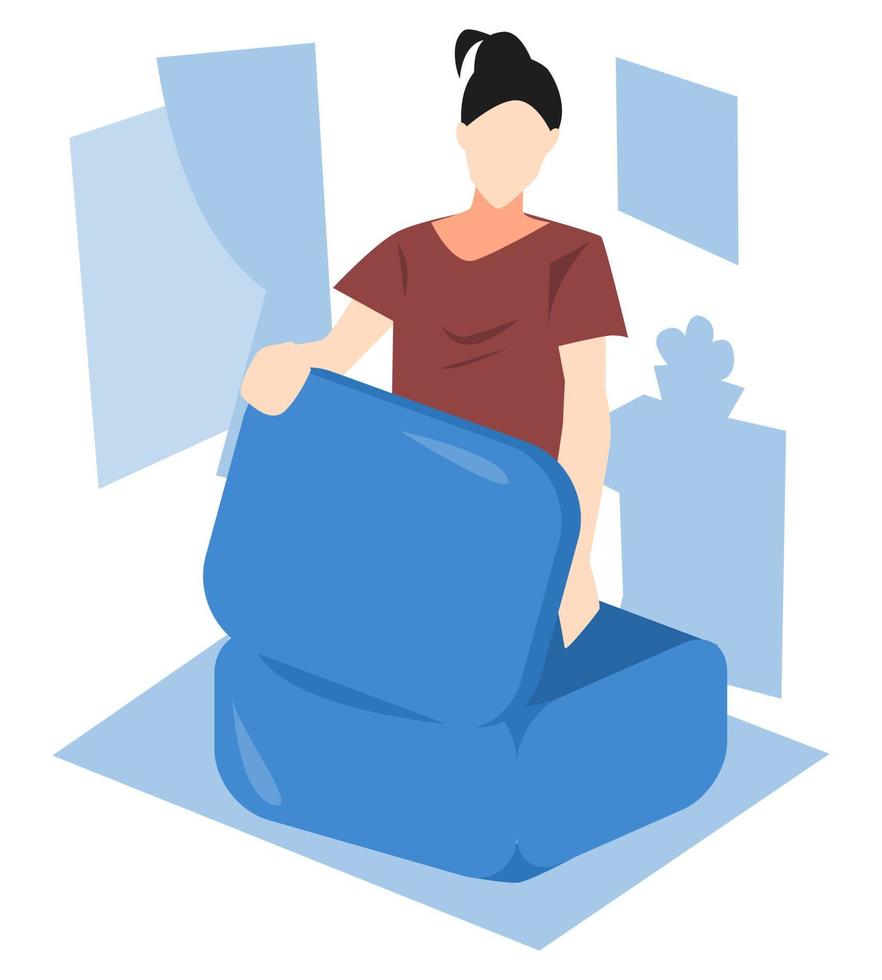 illustration av en kvinna öppning en resväska. sätta kläder, grejer, etc. förbereda för en resa, semester, etc. platt vektor illustration.