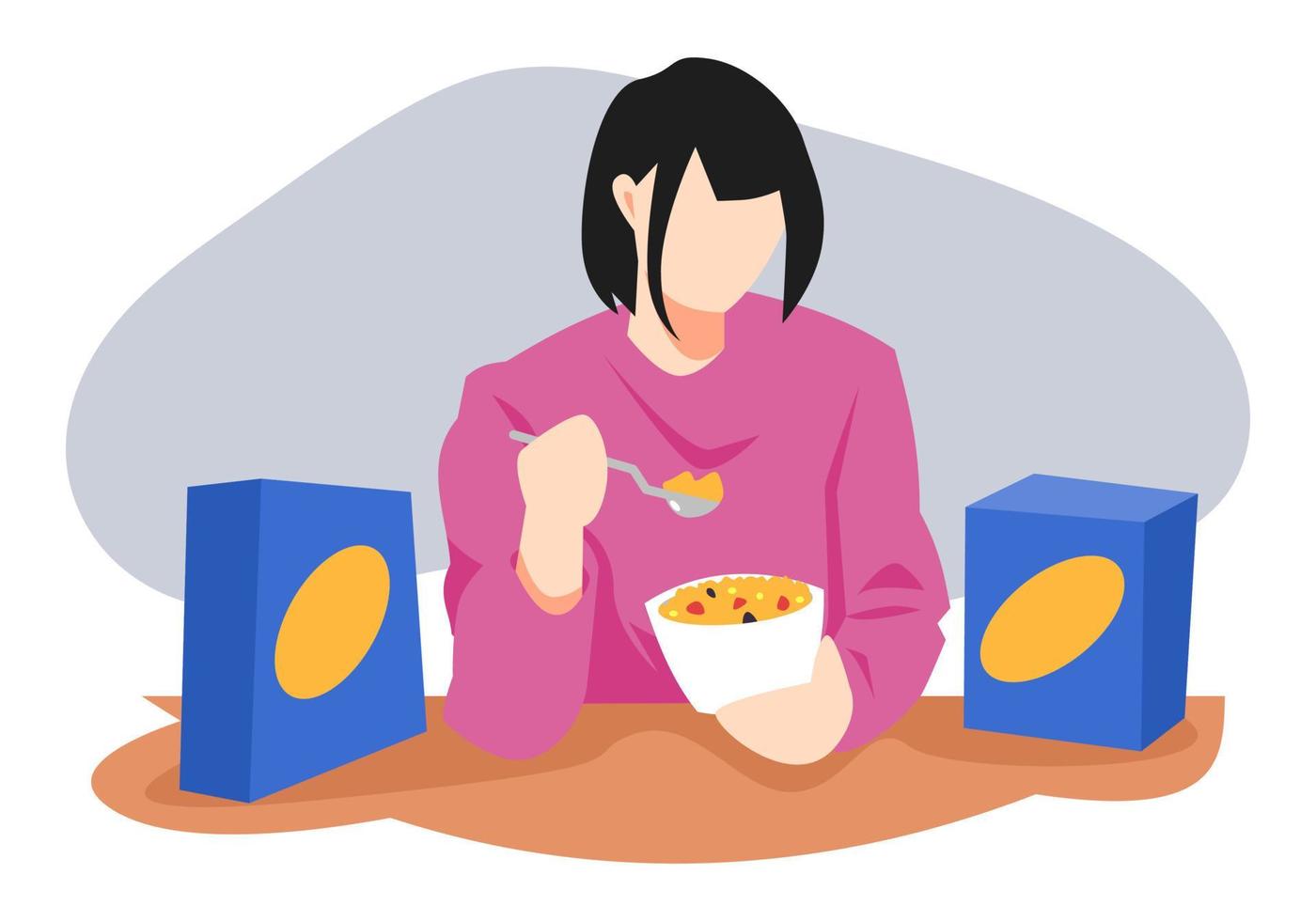 Teenager-Mädchen mit kurzen Haaren, das Müsli isst. Cornflakes-Box. konzept von frühstück, essen, gesundheit, aktivität usw. flache vektorillustration vektor