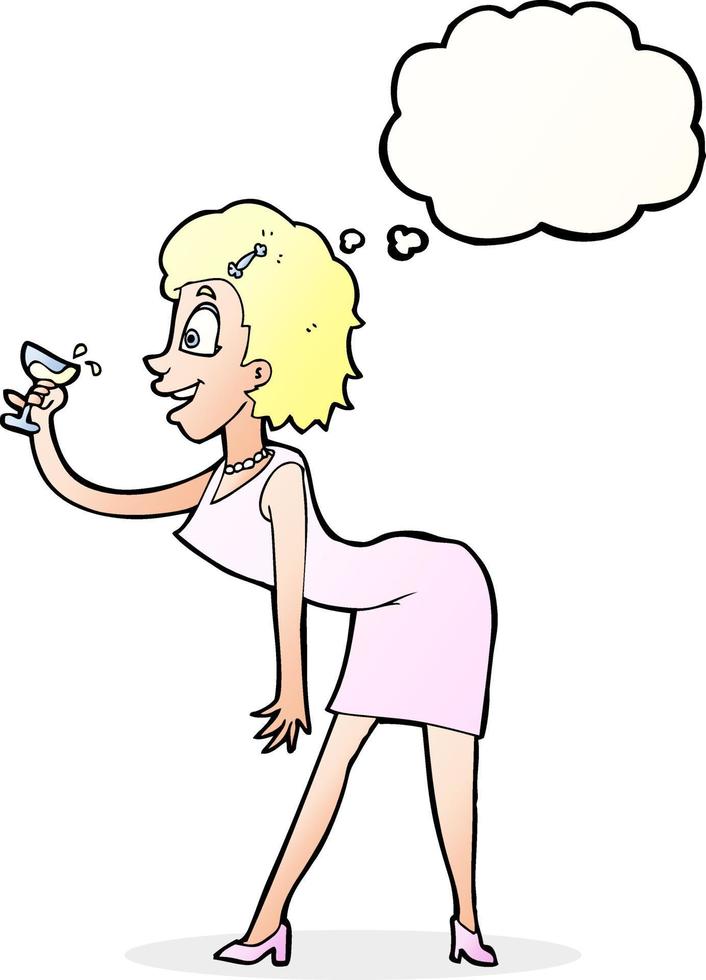tecknad serie kvinna med dryck med trodde bubbla vektor