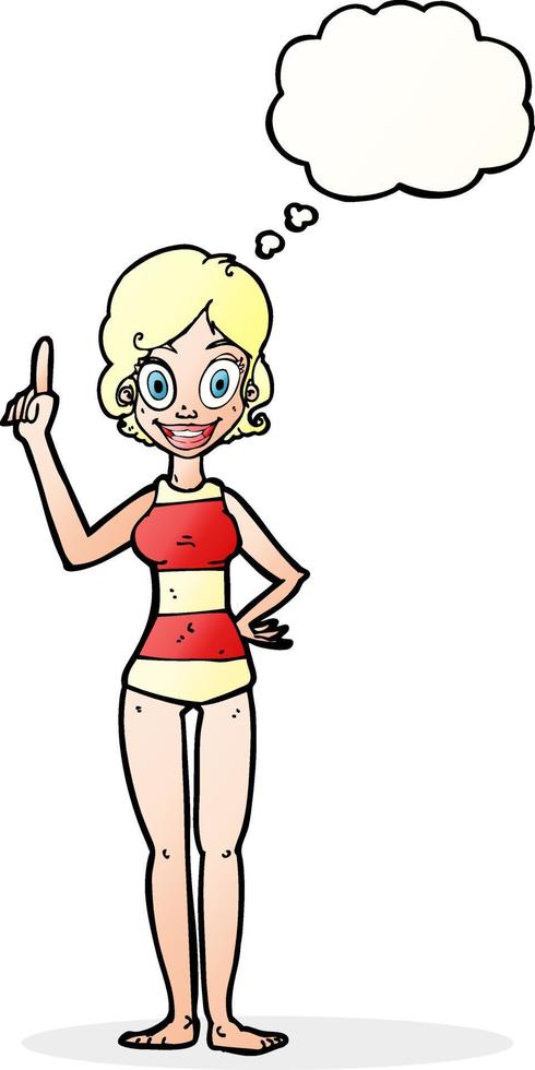 karikaturfrau im gestreiften badeanzug mit gedankenblase vektor