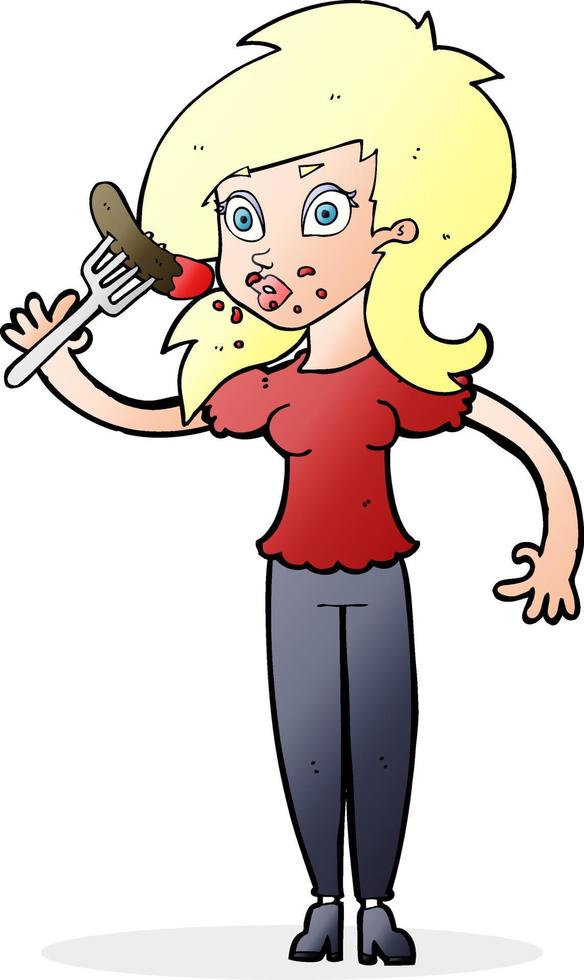 karikaturfrau, die hotdog isst vektor