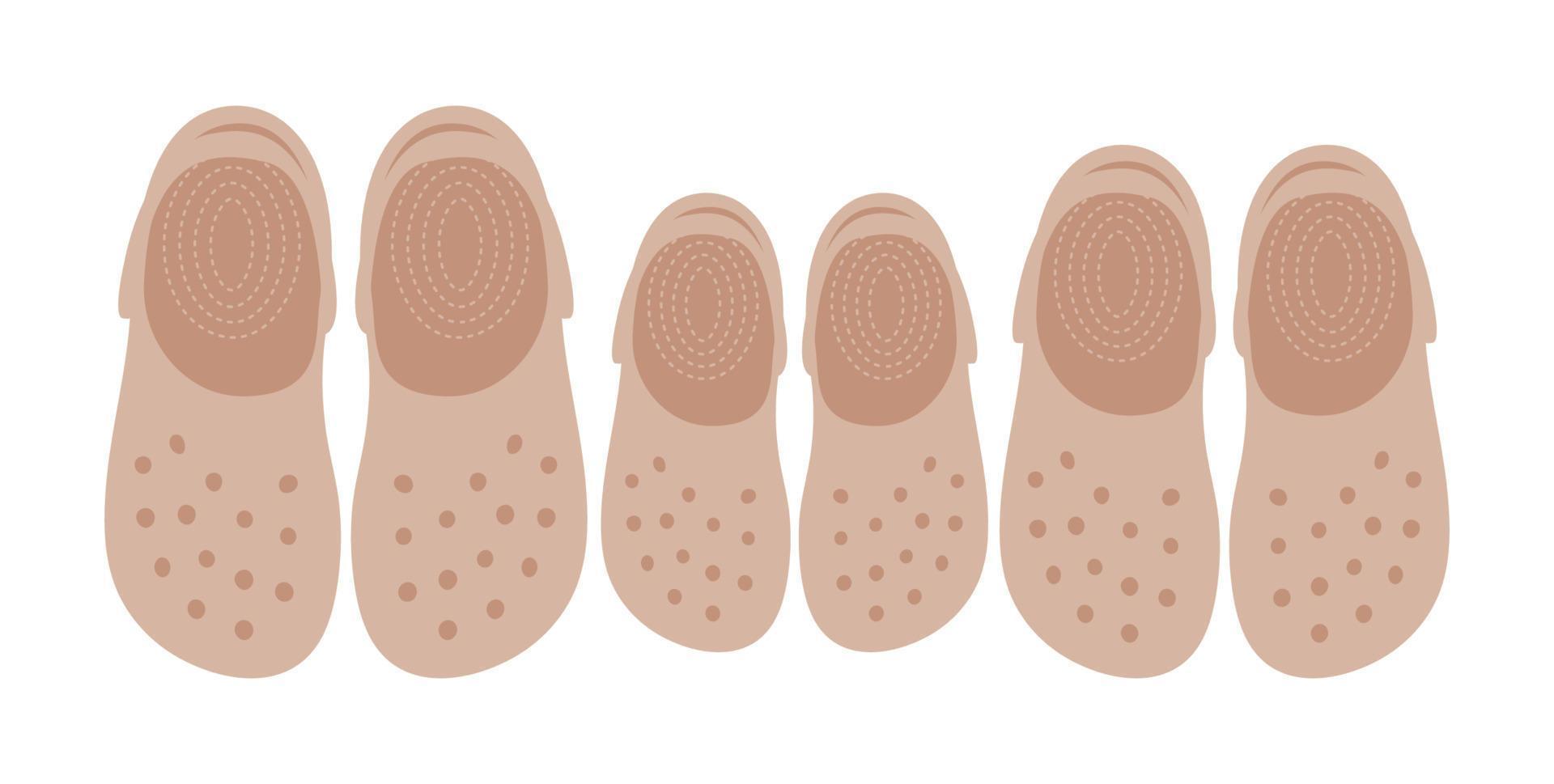 beige Flip-Flop isoliert auf weißem Hintergrund. Gummi-Flip-Flops mit Löchern und Riemen. Silikonplatten, Clogs für Kinder und Erwachsene. Sommerwasserschuhe, Sandalen. flache vektorillustration. Ansicht von oben vektor