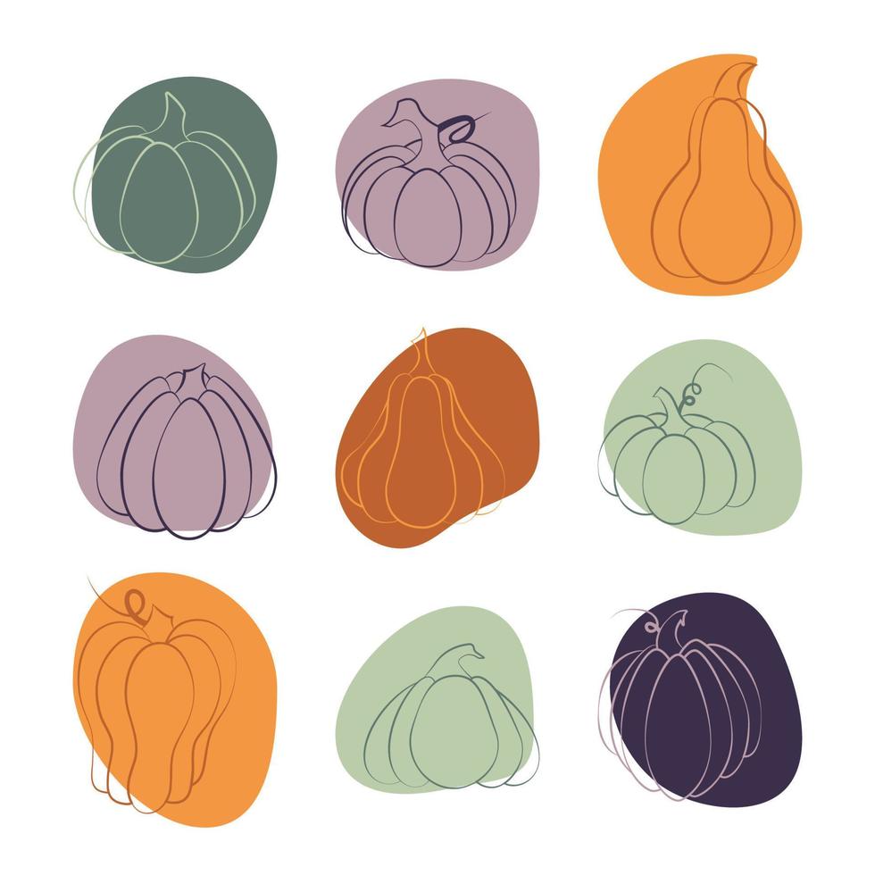 Kürbis in verschiedenen Formen auf einem Hintergrund aus farbigen Flecken. Thanksgiving- und Halloween-Elemente. vektor