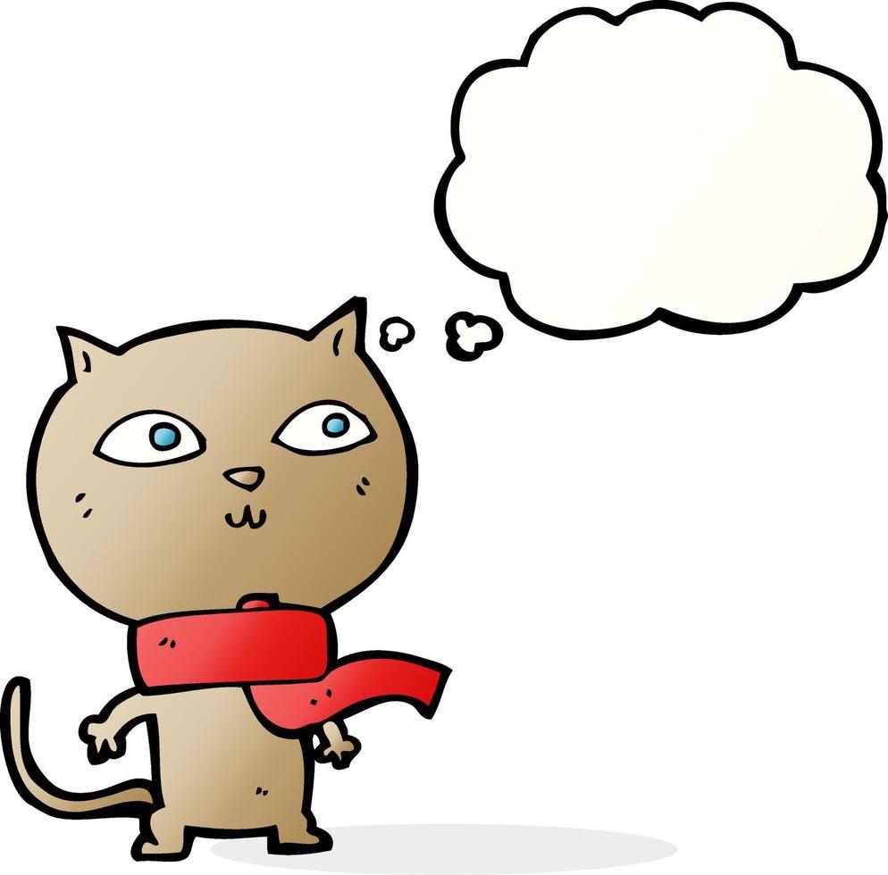 tecknad serie rolig katt bär scarf med trodde bubbla vektor