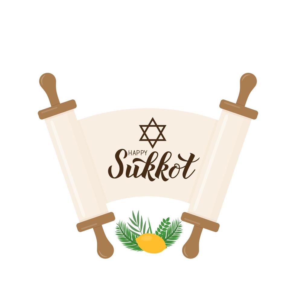 sukkot-handbeschriftung mit rollpapier, etrog, lulav, arava, hadas-blättern lokalisiert auf weiß. jüdisches traditionelles feiertagstypografieplakat. Vektorvorlage für Banner, Grußkarten, Postkarten usw. vektor