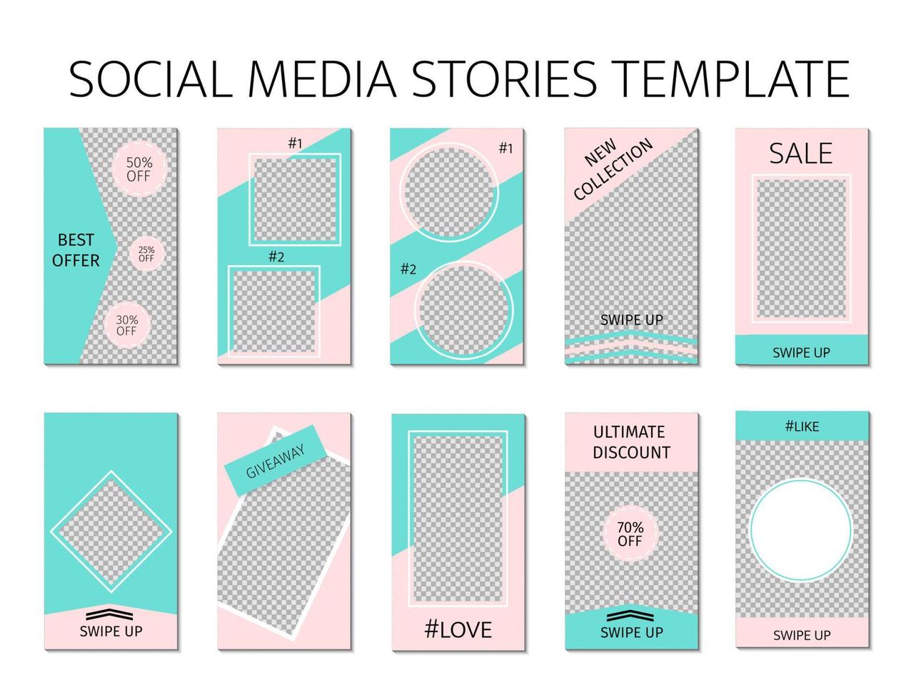 Vorlage für Social-Media-Geschichten. Set mit 10 Story-Layouts für Blogger und SMM. Minzgrüne und rosafarbene Pastellfarbpalette. bearbeitbare Webbanner für mobile Anwendungen. vektor