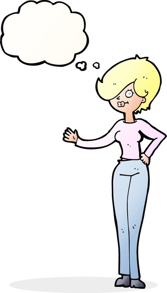tecknad serie kvinna vinka med trodde bubbla vektor