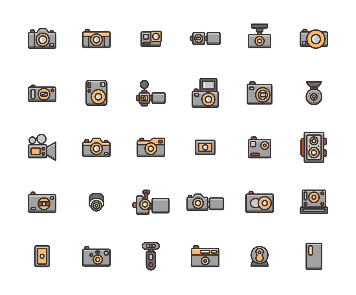 kamera fylld disposition ikonuppsättning vektor
