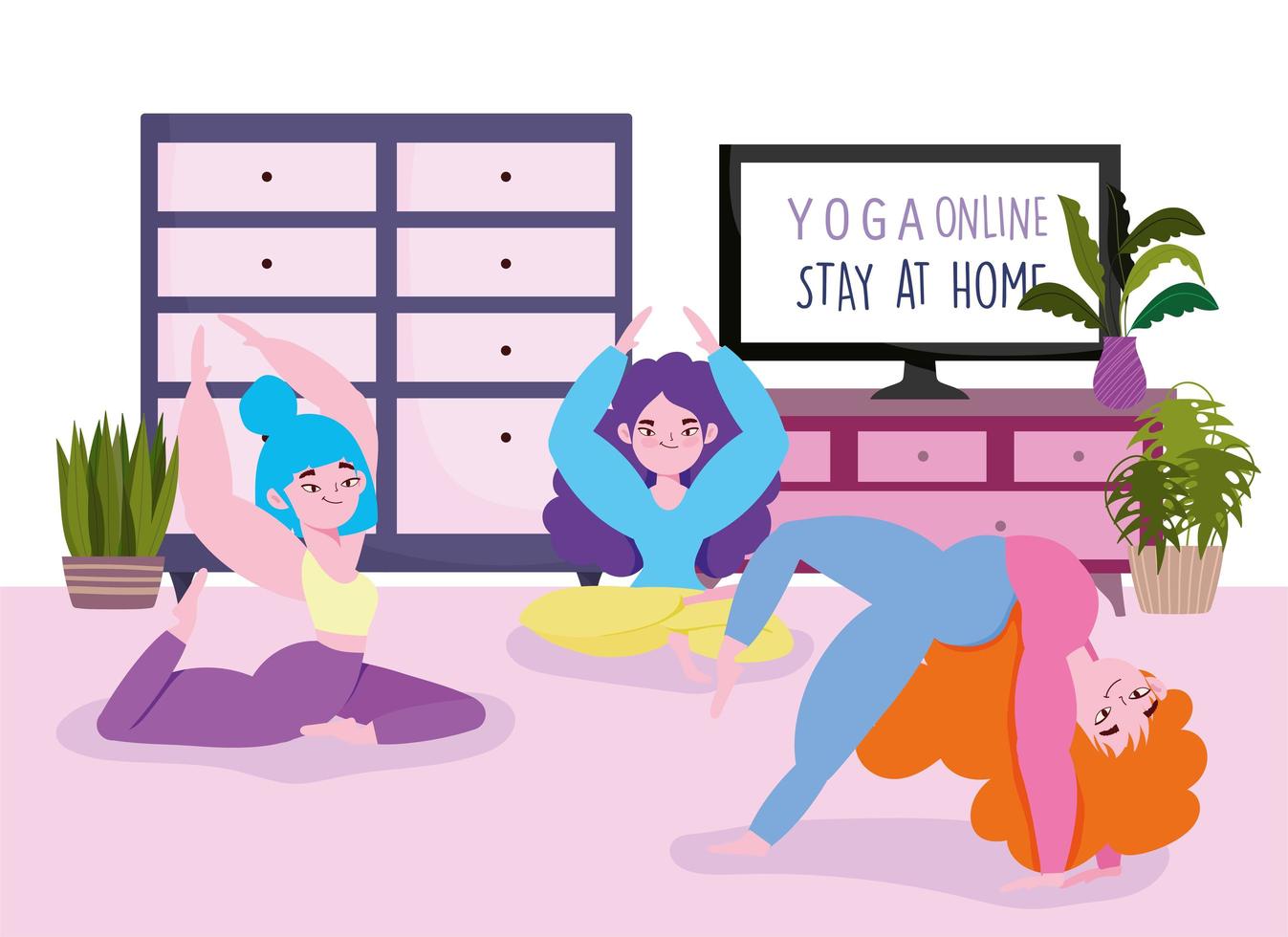 online yoga, unga kvinnor i rummet som utövar olika yogaställningar vektor