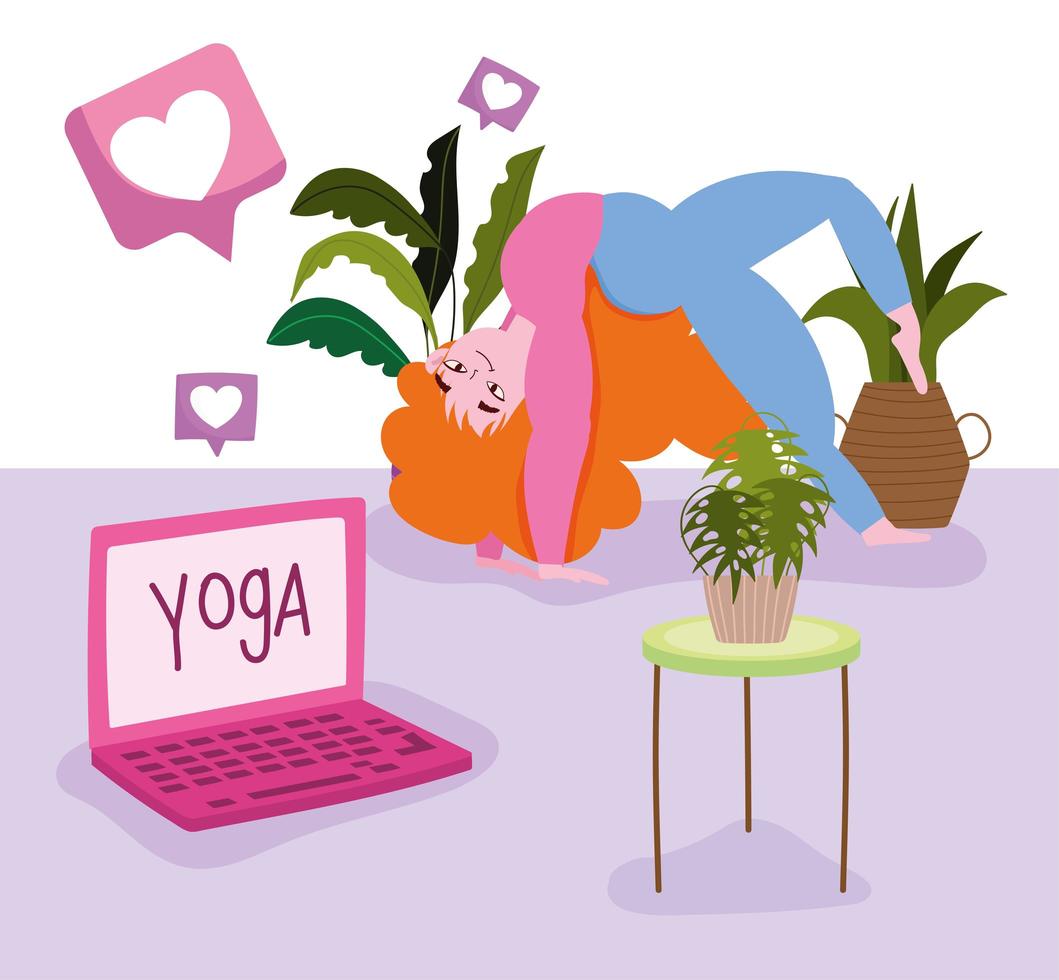 online yoga, kvinna i pose yoga med laptop och krukväxter vektor