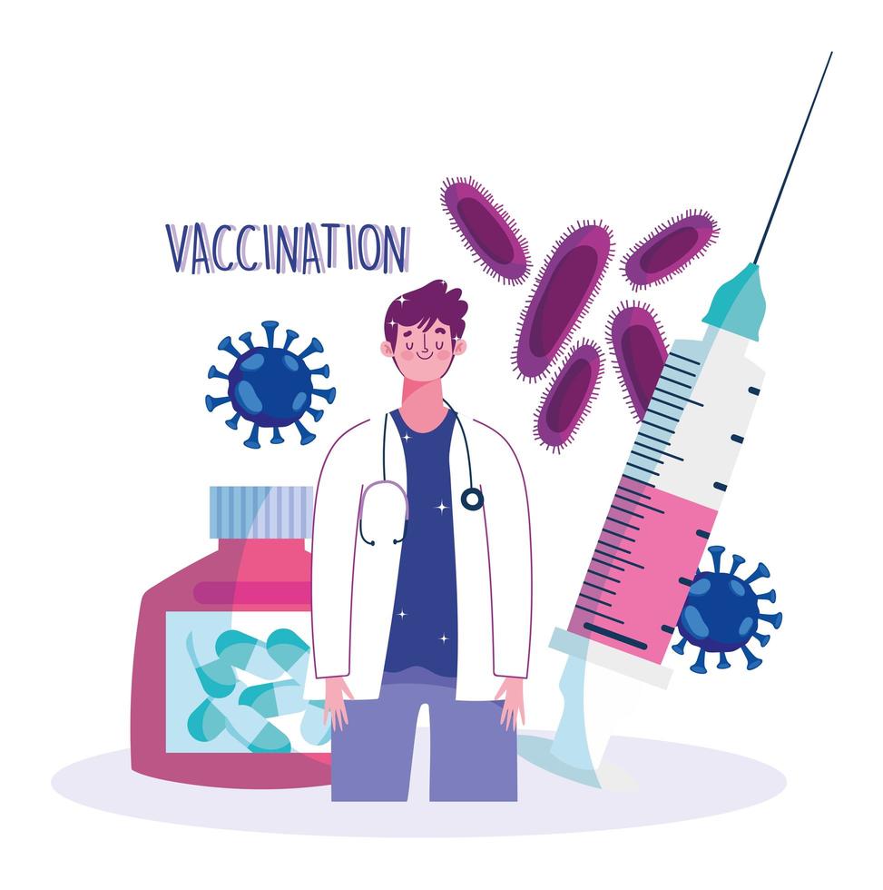 Arzt mit Spritze und Kapsel verschreibungspflichtige medizinische Impfung vektor