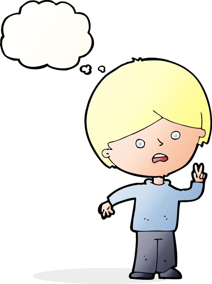 tecknad serie olycklig pojke ger fred tecken med trodde bubbla vektor