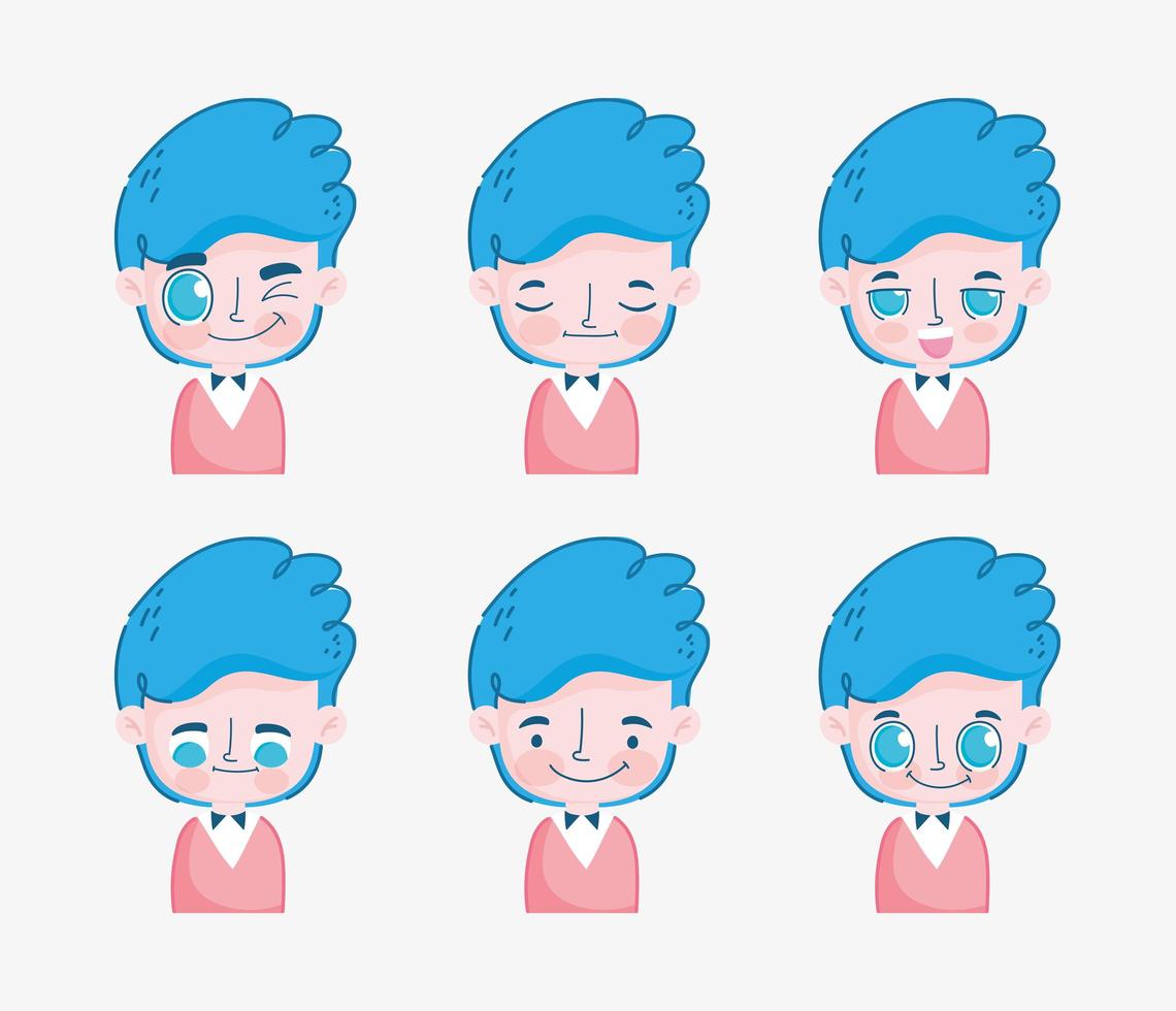 blåhårig ung pojke med olika ansiktsuttryck vektor