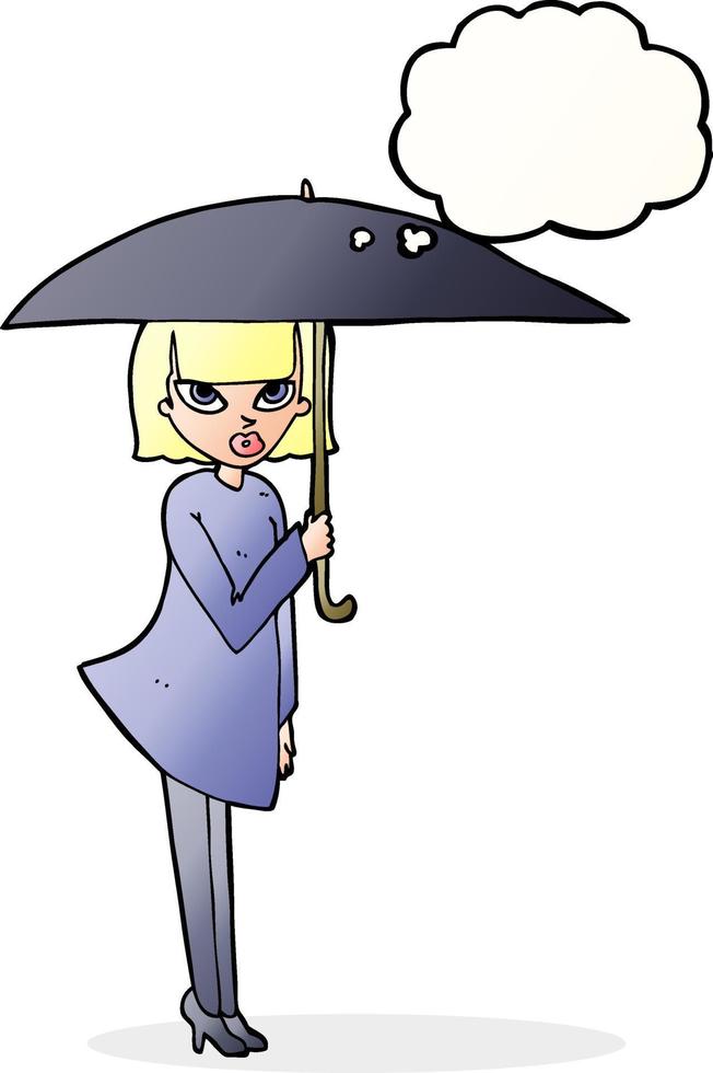 tecknad serie kvinna med paraply med trodde bubbla vektor