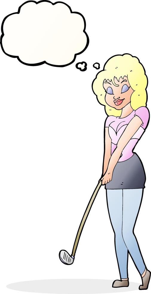 karikaturfrau, die golf mit gedankenblase spielt vektor