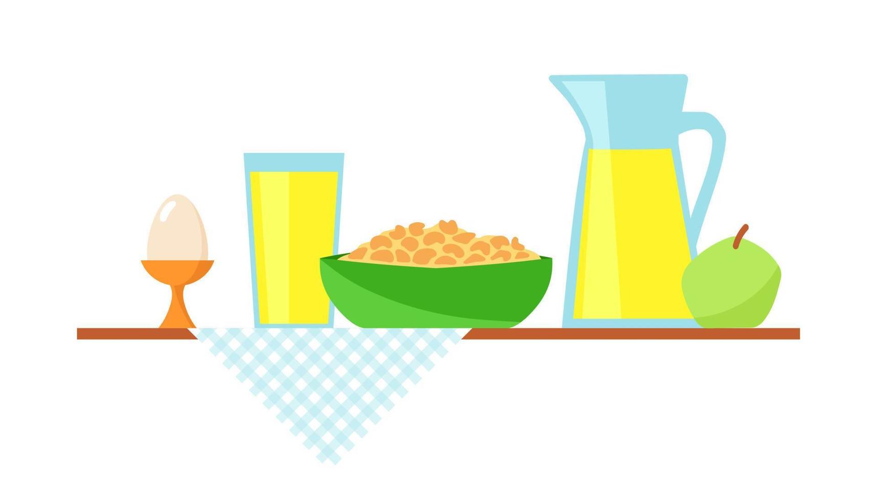 friska frukost vektor platt illustration. design illustration begrepp för frukost tid. mysli, glas av juice, äpple och ägg eras på de tabell.