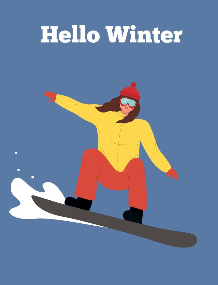 Snowboarder auf verschneiten Berghängen. Ein Mädchen in Winterkleidung rutscht und springt von einem Snowboard. sportliche Aktivität im Freien. Winteraktivitäten. bunte flache vektorillustration vektor