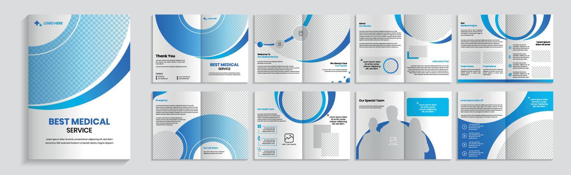 hälsa vård, medicinsk företag broschyr mall, 16 sidor layout design. vektor