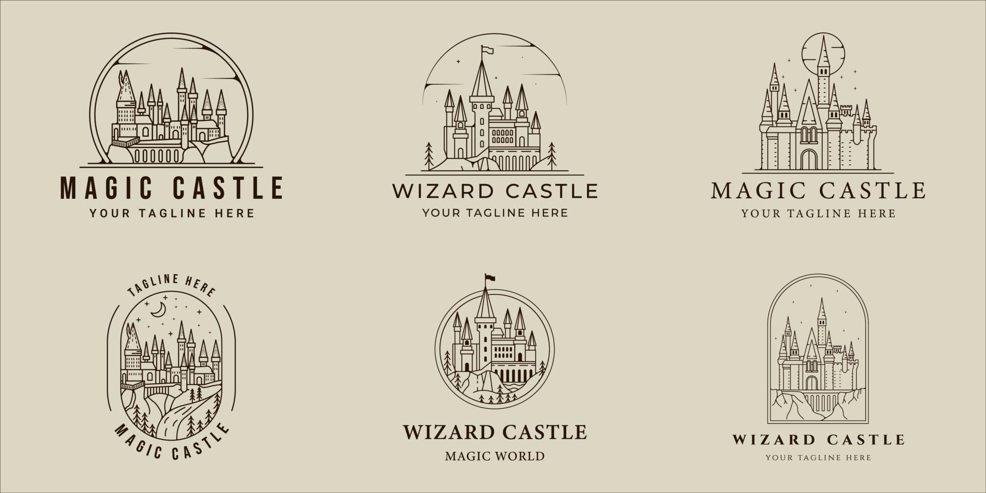 Satz von Schloss Architektur Logo Vektorlinie einfache Illustration Vorlage Symbol Grafikdesign. Bundle-Sammlung verschiedener Bauten von magischen Zeichen oder Symbolen für bedruckte T-Shirts vektor