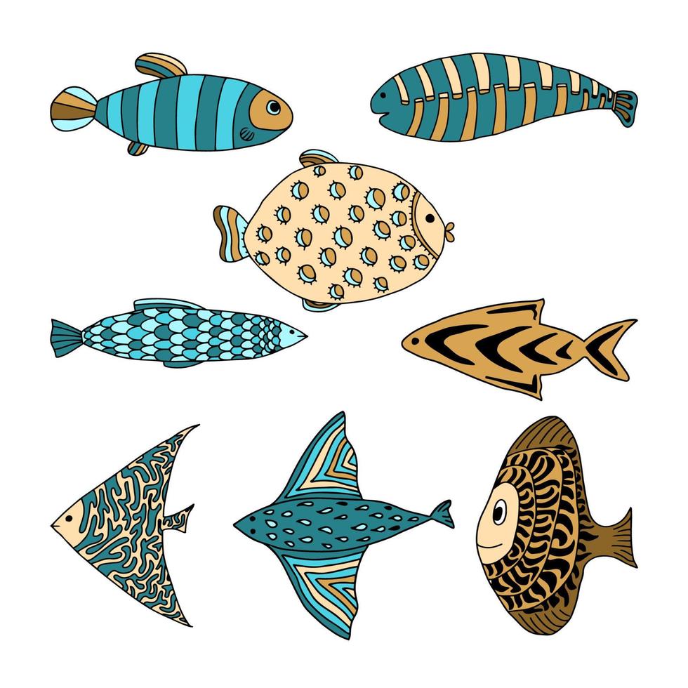 Stilisierter Fisch. Reihe von abstrakten dekorierten Fischen, Gekritzel. sammlung unterwassertiere kreaturen vektor