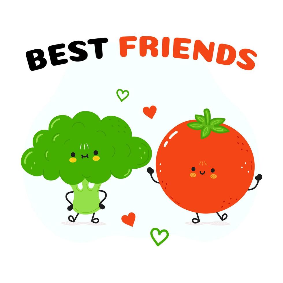 Brokkoli- und Tomatenkarte. Vektor handgezeichnete Doodle-Stil Cartoon-Figur Illustration Icon-Design. glückliche brokkoli- und tomatenfreunde-konzeptkarte