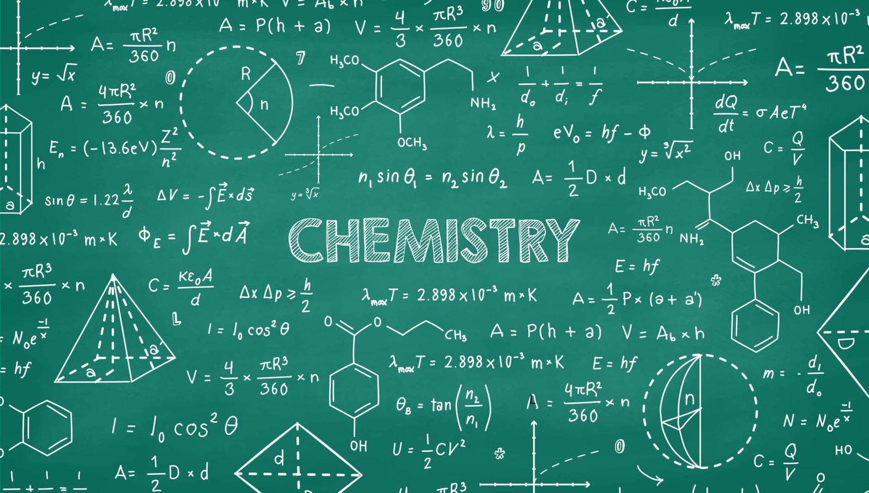 vetenskaplig och kemi formler och algebra illustration på grön svarta tavlan vektor